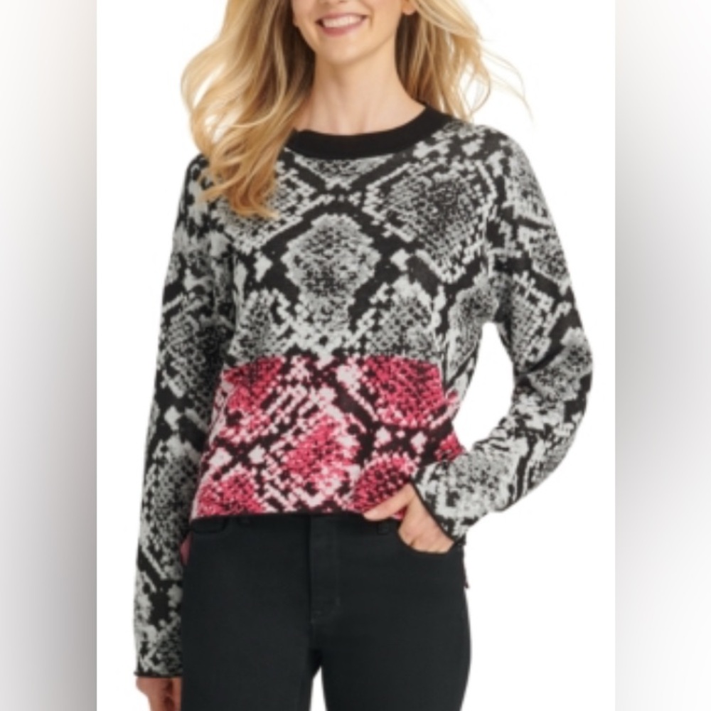 DKNY Color-block Size Large Over Sized Python Print Sweater Long Sleeve Crewneck